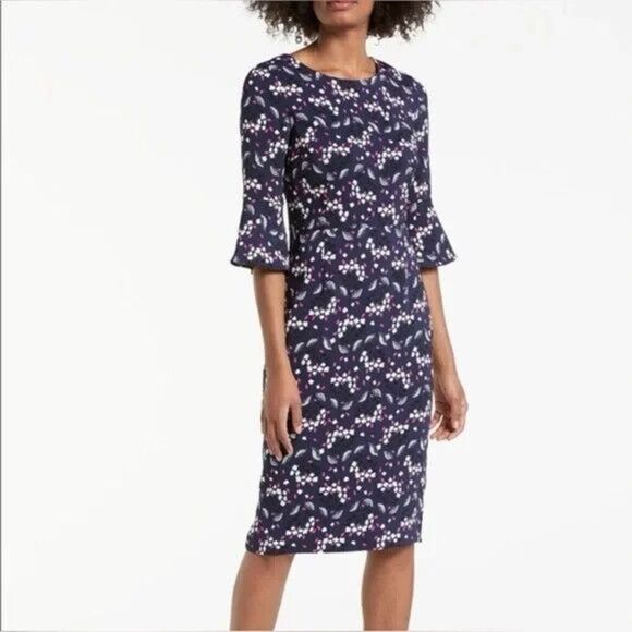 BODEN Delia Sheath Dress Women 6 Petite Navy Floral Bell 1/2 Sleeve Knee Career - Picture 1 of 14